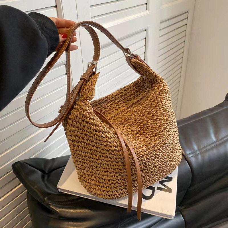 Luxury Beach Bags Ysl - กระเป๋าสานฟางฤดูร้อนสำหรับผู้หญิง กระเป๋าสะพายไหล่ เชือกกระดาษราฟเฟีย กระเป๋าถือชายหาดสไตล์โบโฮ กระเป๋าสะพายข้างลำลอง กระเป๋าถือผู้หญิง
