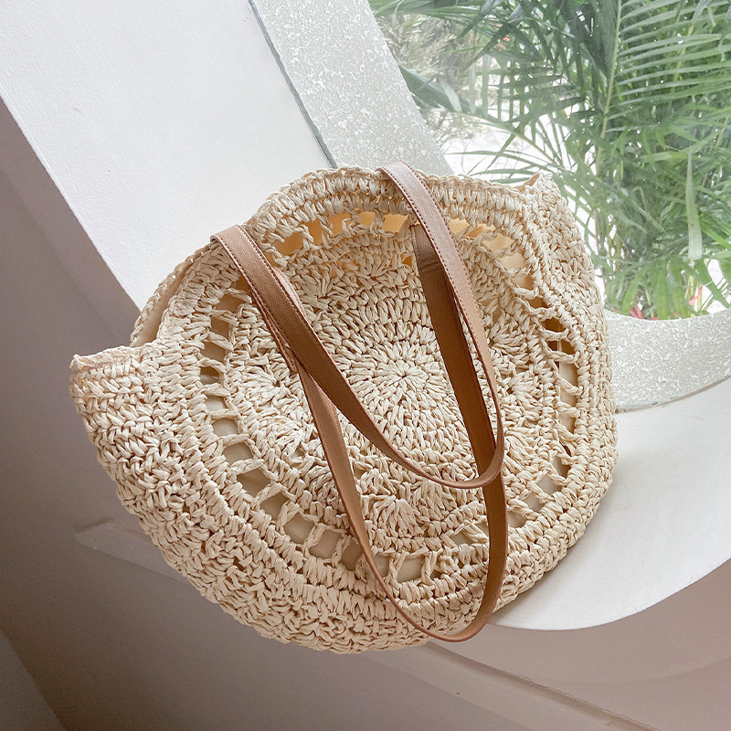 Luxury Beach Bags Ysl - ฤดูร้อนรอบฟางกระเป๋าผู้หญิงกระเป๋าสะพายหวายกระเป๋าเดินทางทําด้วยมือชายหาดกระเป๋าถือหญิงขนาดใหญ่ความจุ Totes กระเป๋า