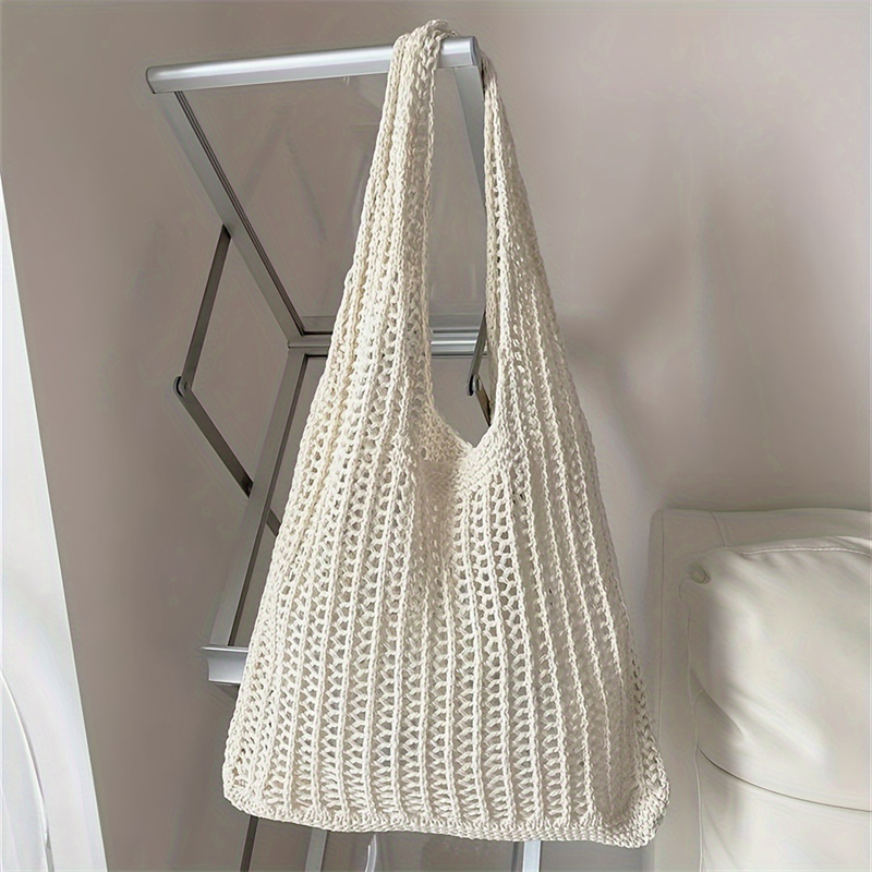 Luxury Beach Bags Ysl - กระเป๋าถักไหมพรมสะพายไหล่สีพื้นขนาดใหญ่สไตล์โบฮีเมียน กระเป๋าโท้ทโครเชต์แบบโปร่ง กระเป๋าถือสานลำลองสำหรับฤดูร้อน
