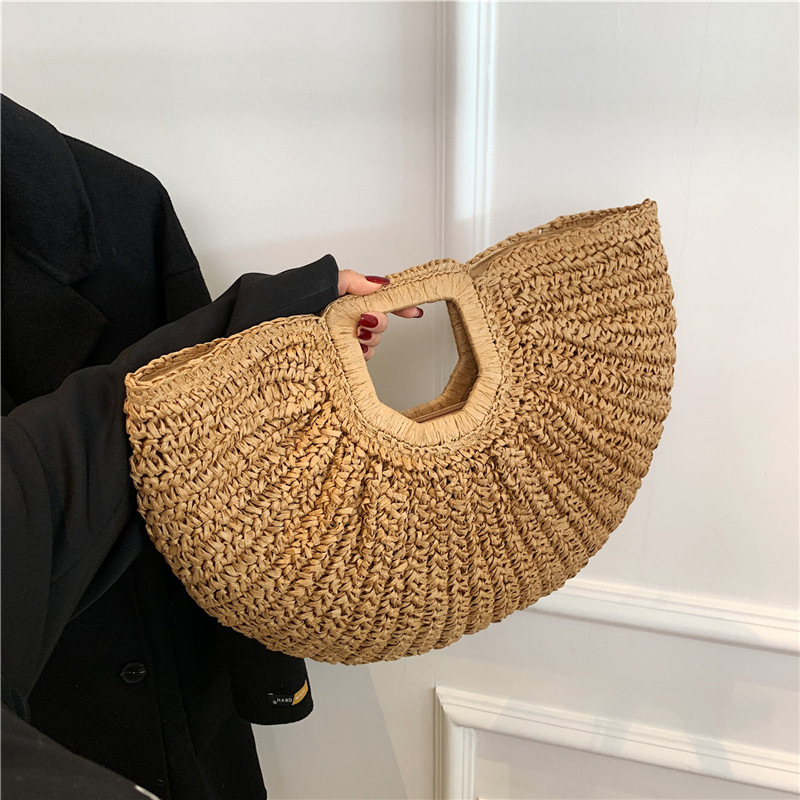 Luxury Beach Bags Ysl - ฤดูร้อนฟางผู้หญิง Half-Moon Beach กระเป๋าถือหวาย Handmade Handle