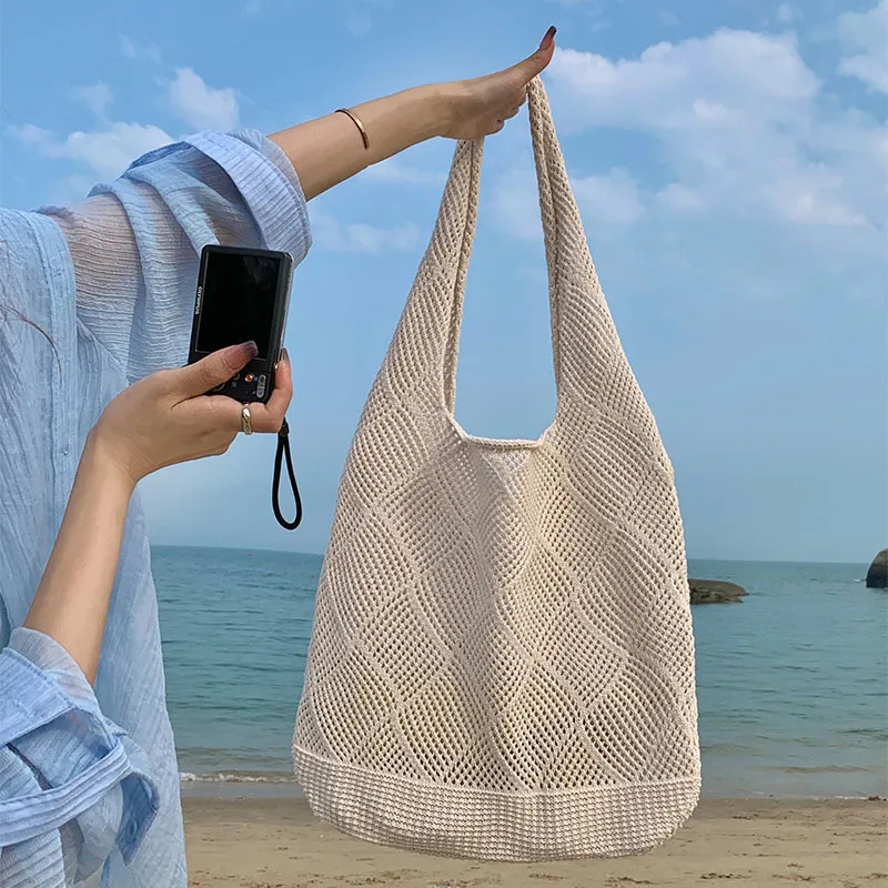Luxury Beach Bags Ysl - แนวโน้มใหม่กระเป๋าสตรีโครเชต์กระเป๋าถือ Retro ถักสีทึบ Hollow Top-Handle Tote